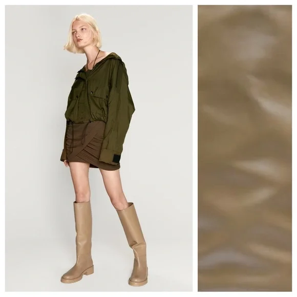 NWT. Zara Sand Brown Leather Low-Heel Knee High Boots with Topstitching. Size 8.